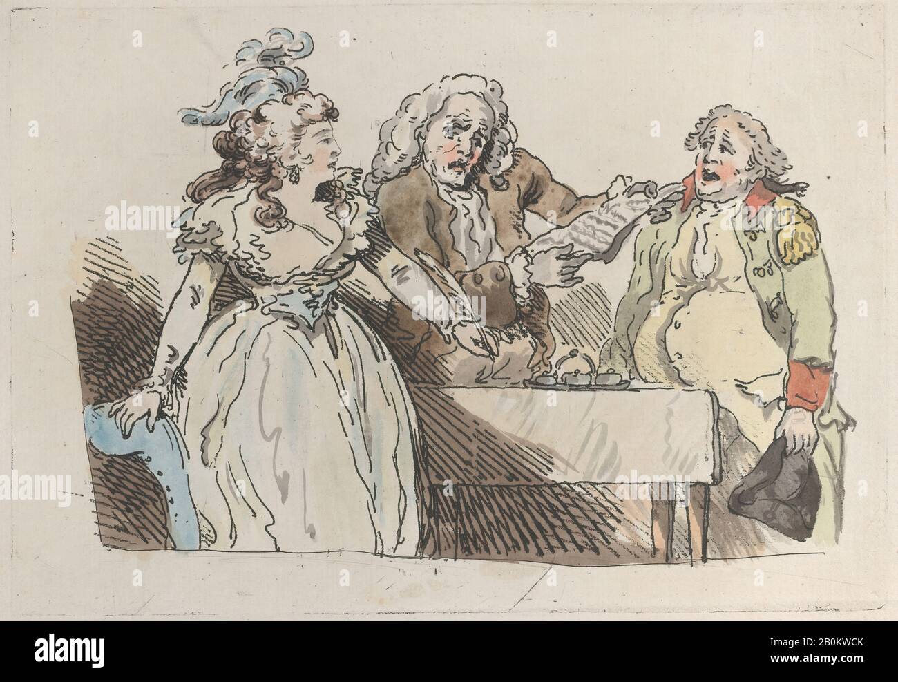 Imitator von Thomas Rowlandson, EINER Jungen Frau (Erbin), Bereitet sich auf die Unterschrift eines Dokuments vor, Imitator von Thomas Rowlandson (Britisch, London 1757-187 London), 80-1800, Handfarbige Radierung, Platte: 6 7/8 × 9 15/16 Zoll. (17,5 × 25,2 cm), Blatt: 9 5/8 × 12 5/16 Zoll (24,4 × 31,2 cm), Ausdrucke Stockfoto