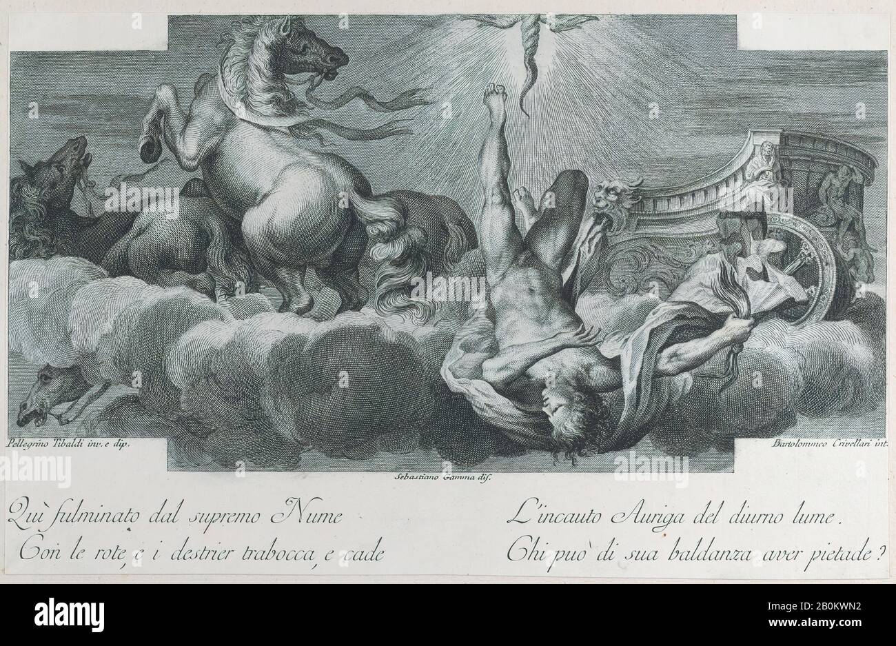 Bartolomeo Crivellari, Platte 34: Auriga, der Wagenlenker, fällt vom Wagen im Zentrum, mit drei Pferden links, "Le Pitture di Pellegrino Tibaldi di di di Niccolò Abbate esistenti nell'Instituto di Bologna", Bartolomeo Crivellari (ital., aktives 18. Jahrhundert), Mittlerer Zeichner Sebastiano Gamma (ital. 1711) nach Tibalino Tibalino Tibalino (Italienisch, Puria di Valsolda 1527-1596 Mailand), Giampietro Zanotti, 1756, Radierung und Gravur, Blatt (Getrimmt): 7 5/8 × 11 7/8 Zoll (19,3 × 30,2 cm), Ausdrucke Stockfoto