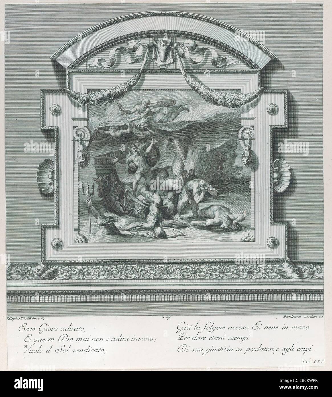 Bartolomeo Crivellari, Platte 25: Ein Schiffswrack, "Le Pitture di Pellegrino Tibaldi di di Niccolò Abbate esistentiti nell'Instituto di Bologna", Bartolomeo Crivellari (Italienisch, aktives 18. Jahrhundert), Intermediärer Zeichner Gabriel SÖdling (Schwedisch, aktiv 1756), Nach Pellegrino Tibaldi (Italienisch, Puria di Valsolda Sheet 1527, Giampiotti, 1596 Und 1556) 13 7/8 × 12 1/16 Zoll (35,3 × 30,7 cm), Ausdrucke Stockfoto