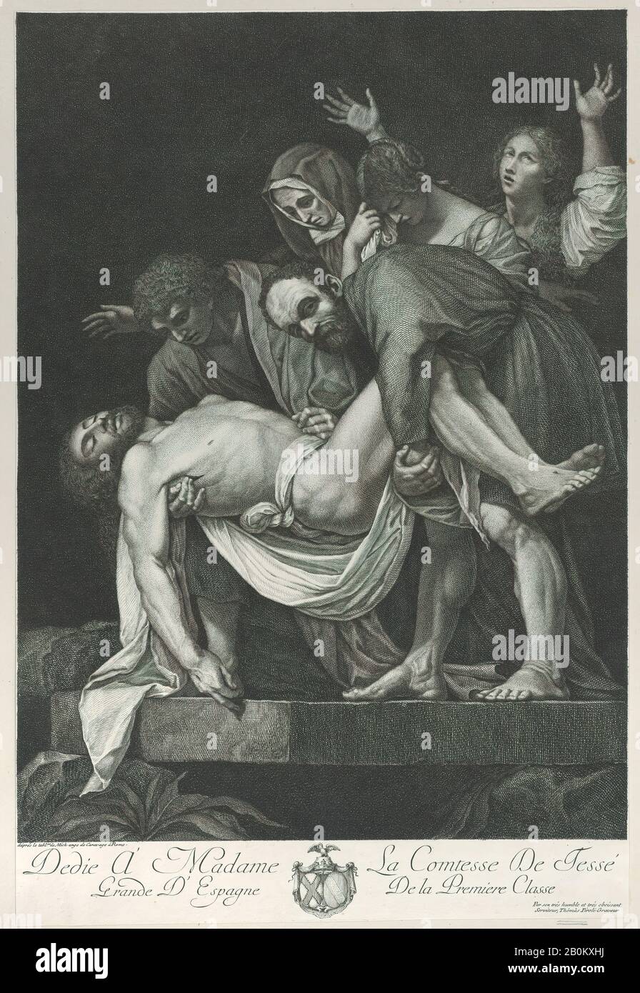 Timmaso Piroli, Grablegung, Timmaso Piroli (italienisch, Rom 1752-184 Rom), Nach Caravaggio (Michelangelo Merisi) (italienisch, Mailand oder Caravaggio 1571-1610 Porto Ercole), 172-188, Gravur, Bogen (Getrimmt): 12 3/8 Zoll. × 20 Zoll (31,5 × 50,8 cm), Ausdrucke Stockfoto