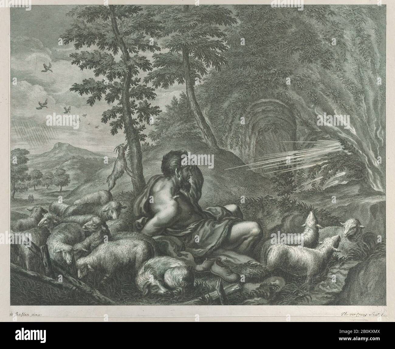 Theodore Cruger, Jacob Guarding Labans Herde, Theodore Cruger (deutsch, aktiv ab 1613, gestorben 1624), Nach Jacopo Bassano (Jacopo da Ponte) (italienisch, Bassano del Grappa Ca. 1510-1592 Bassano del Grappa), 1613-24, Gravur, Blatt (Getrimmt): 15 1/16 × 18 1/8 Zoll. (38,3 × 46 cm), Ausdrucke Stockfoto