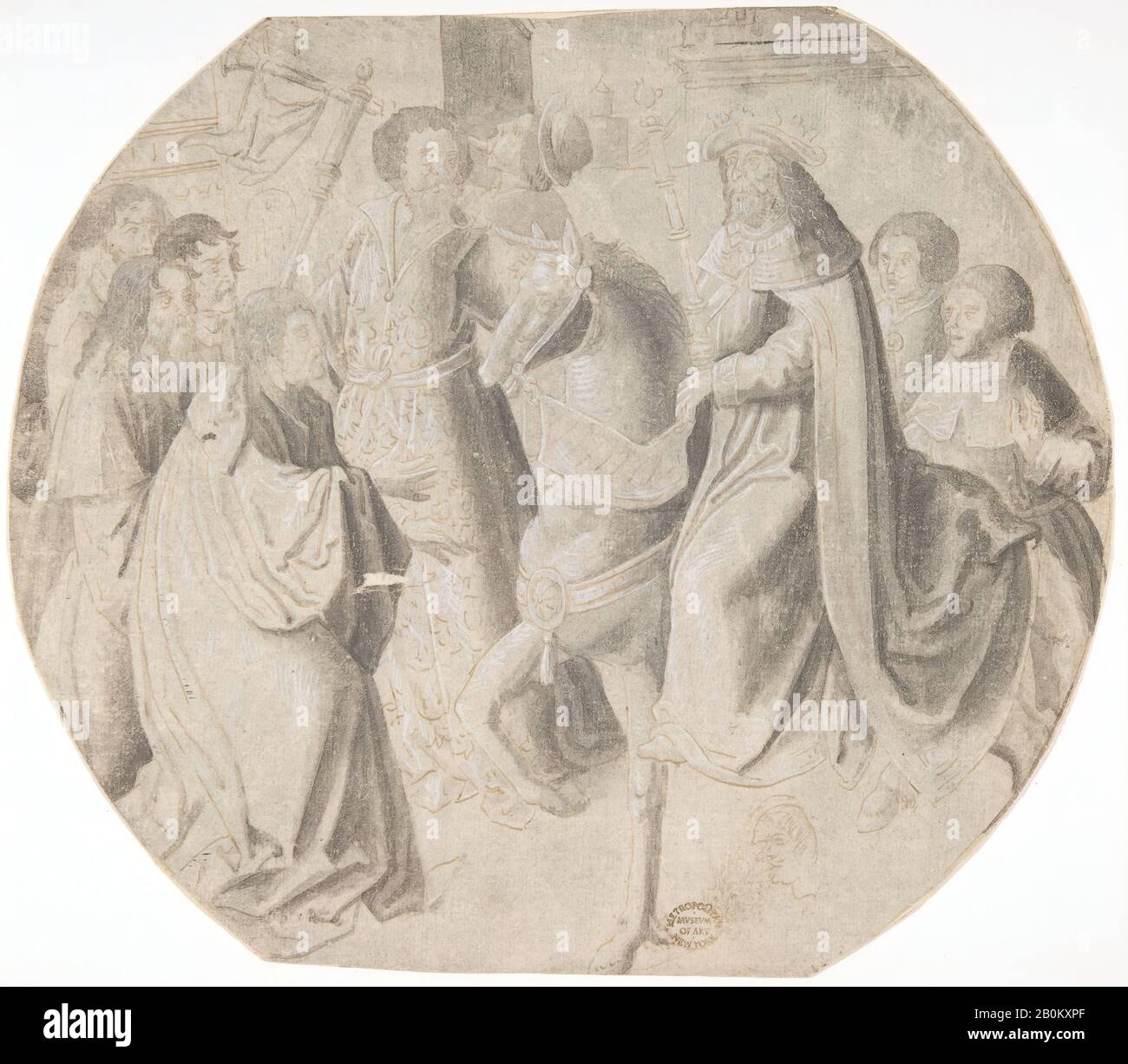 Kreis von Pseudo-Aert Ortkens, Mordecai reitet durch die Straßen im Apparel, das der König ihm geschickt hat., ? Kreis von Pseudo-Aert Ortkens (flämisch, 1510-1540), Früher der Schule von Lucas van Leyden (Niederländisch, Leiden ca. 1494-1533 Leiden), 16.-Mitte des 16. Jahrhunderts ?, Stift und braune Tinte, Bürste und schwarze Tinte, mit weißer Farbe hervorgehoben, Blatt: 7 7/8 Zoll (Unregelmäßige Form, kreisförmig mit oben und unten abgeschnitten)., Zeichnungen Stockfoto