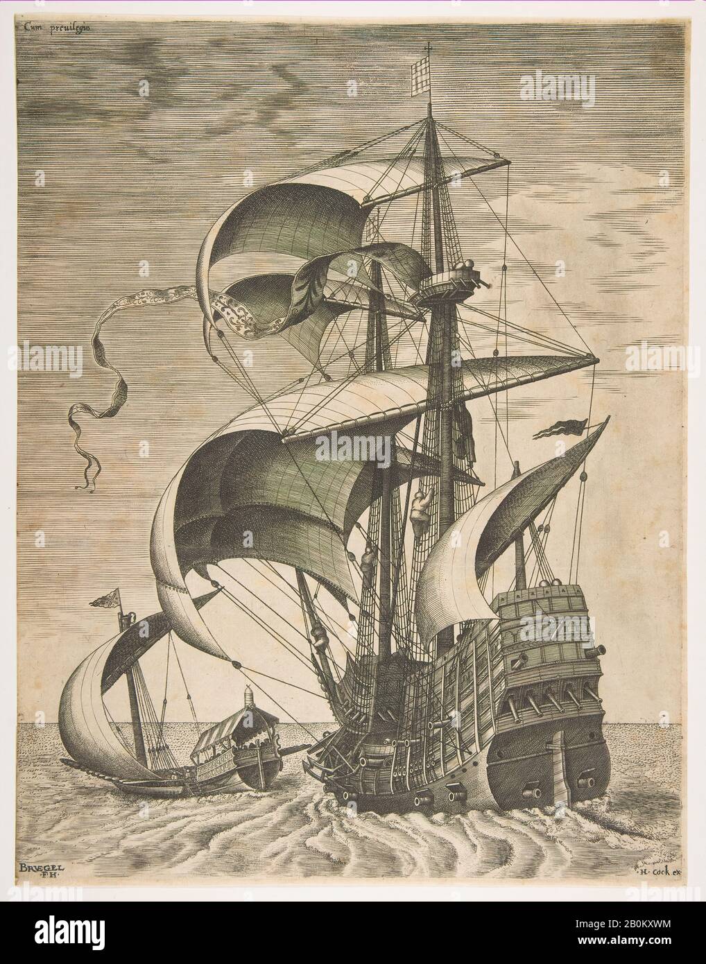 Nach Pieter Bruegel dem älteren, bewaffneter Dreimaster auf dem offenen Meer In Begleitung einer Galley aus der Serie Segelschiffe, Nach Pieter Bruegel dem älteren (Netherlandish, Breda (?) Ca. 152-1569 Brüssel), Frans Huys (Niederländisches Gericht, 1522-1562), 1561-65, Gravur; zweiter Dreierstaat, Blatt: 12 1/2 x 9 11/16 Zoll. (31,7 x 24,6 cm), Ausdrucke Stockfoto
