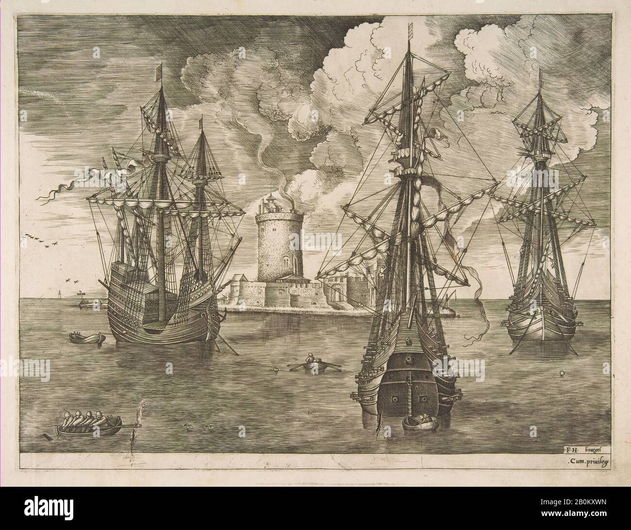 Nach Pieter Bruegel dem älteren Ankerten Viermaster (Links) und Zwei Dreimaster in der Nähe einer Befestigten Insel mit einem Leuchtturm von Den Segelschiffen, Nach Pieter Bruegel dem älteren (Netherlandish, Breda (?) Ca. 152-1569 Brüssel), Frans Huys (Niederländisches Gericht, 1522-1562), 1561-65, Gravur; erster Dreierstand, Blatt: 10 1/4 x 13 1/4 Zoll. (26,1 x 33,7 cm), Ausdrucke Stockfoto