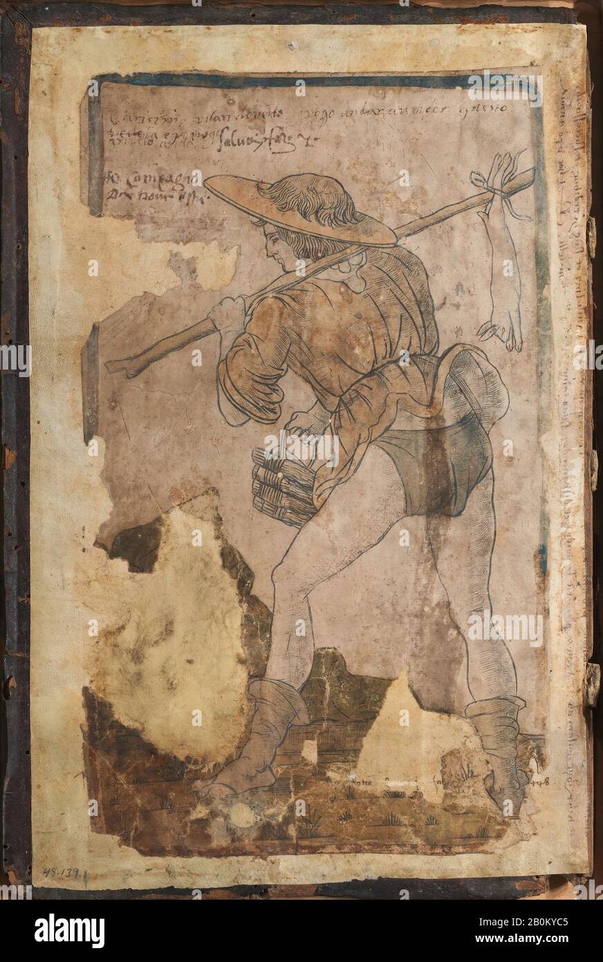 Anonyme, italienische, 15. Jahrhundert, EINE Bauernfrau, die auf den Markt geht, Anonymous, Italienisch, 15. Jahrhundert, 1470-1480, Gravur mit Handfärbung und Handschriftzusätzen, eingeklebt auf dem Inneneinband eines medizinischen Buches, Blatt: 6 7/8 × 4 13 / 16 Zoll. (17,5 × 12,3 cm), Gesamt: 12 3/16 × 8 1/4 Zoll (31 × 21 cm), Ausdrucke Stockfoto