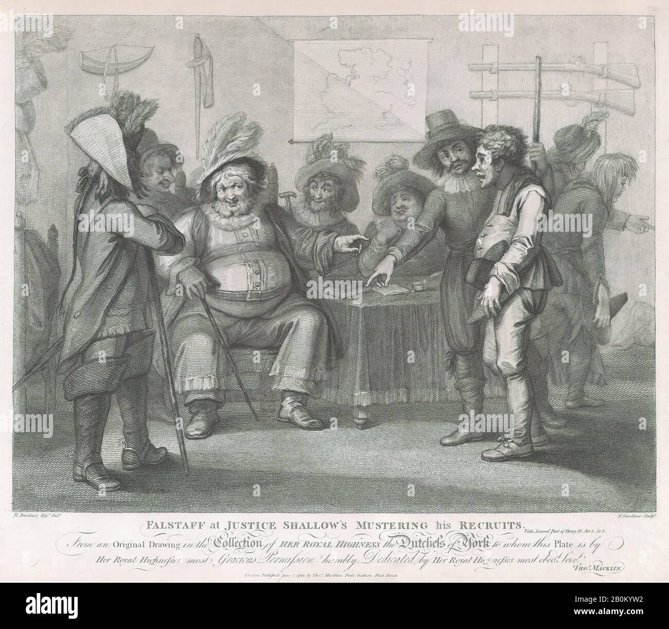 William Nelson Gardiner, Falstaff at Justice Shallow's, Der Seine Rekruten (Shakespeare, Henry IV, Part II, Act 3, Scene 2), Macklins Shakespeare, William Nelson Gardiner (British, Dublin 1766-1814 London), Nach Henry William Bunbury (British, Mildenhall, Suffolk 1750-1811 Keswick, Cumberland), William Shakespeare (British, Stratford-upon 1616, Charlotte-von 1667) (1667-Aford-Aford-Aford-von 1616) 1.992, Stippelgravur und Radierung, Platte: 16 1/4 × 18 7/8 Zoll. (41,2 × 48 cm), Blatt: 17 1/16 Zoll (43,4 cm), Ausdrucke Stockfoto