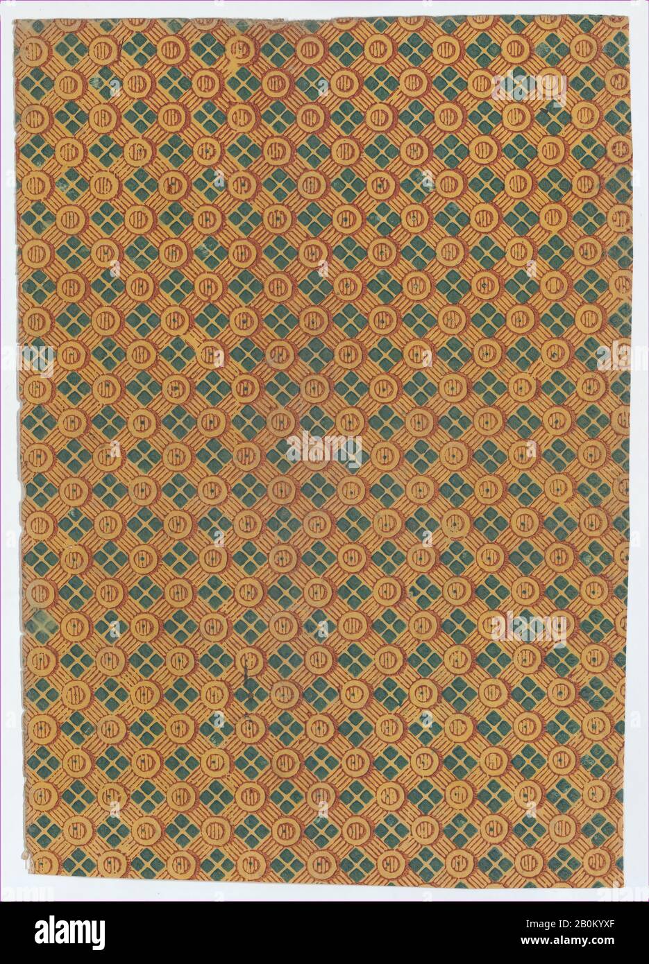 Anonym, Blatt mit geometrischem Gesamtmuster mit gestreiften Kreisen und Quadraten, anonym, 19. Jahrhundert, 19. Jahrhundert, Reliefdruck (Holz oder Metall), Blatt: 10 Zoll × 6 7/8 Zoll (25,4 × 17,5 cm), Ausdrucke Stockfoto
