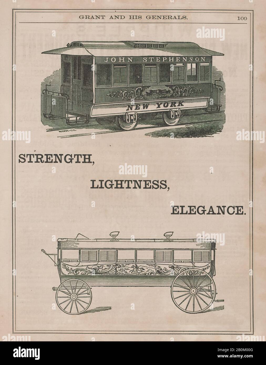 John Durand, Werbung für Street Car und Omnibus von John Stephenson aus New York, John Durand (aktiv 1765-82), 1865, Holzgravur, Blatt: 10 × 8 Zoll. (25,4 × 20,3 cm), Ausdrucke Stockfoto