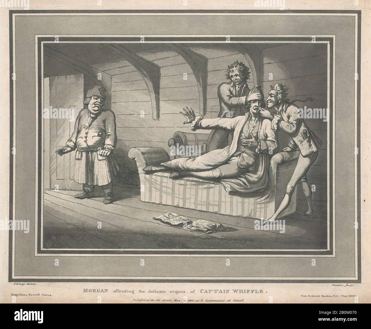 Thomas Rowlandson, Morgan Beleidigt Die Empfindlichen Organe von Kapitän Whiffle, Sechs Illustrationen zu den Adventures of Roderick Random, Bd. I, Kap. XXXIV, After Samuel Collings (Britisch, aktiv 171-95), 12. Mai 1800, Radierung und Aquatint, Blatt: 11 1/8 × 13 9/16 in. (28,3 × 34,4 cm), Ausdrucke Stockfoto