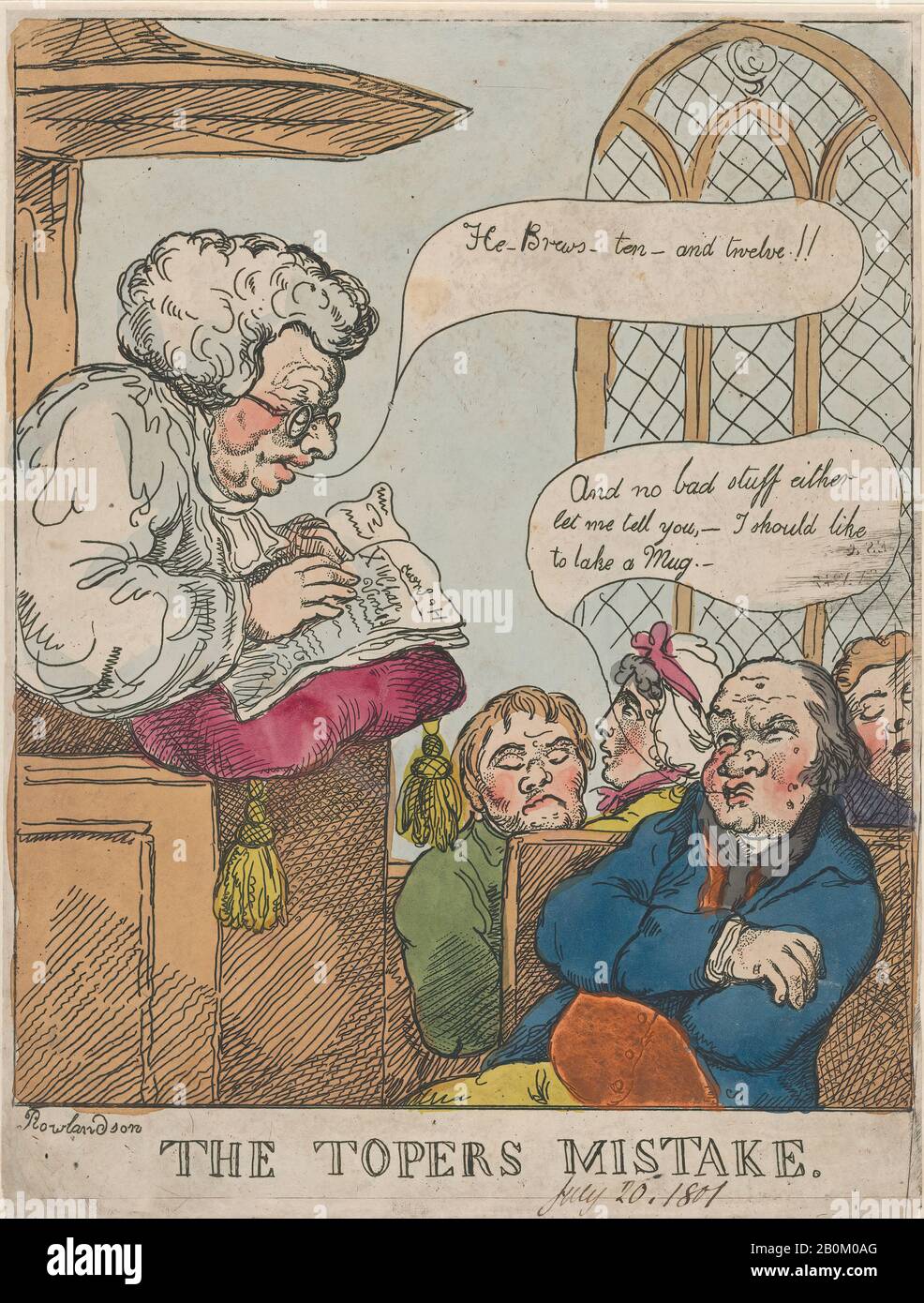 Thomas Rowlandson, Der Fehler des Topers, Thomas Rowlandson (Britisch, London 1757-187 London), 20. Juli 1801, Handfarbige Radierung, Blatt: 10 7/8 × 8 1/4 Zoll. (27,6 × 21 cm), Ausdrucke Stockfoto