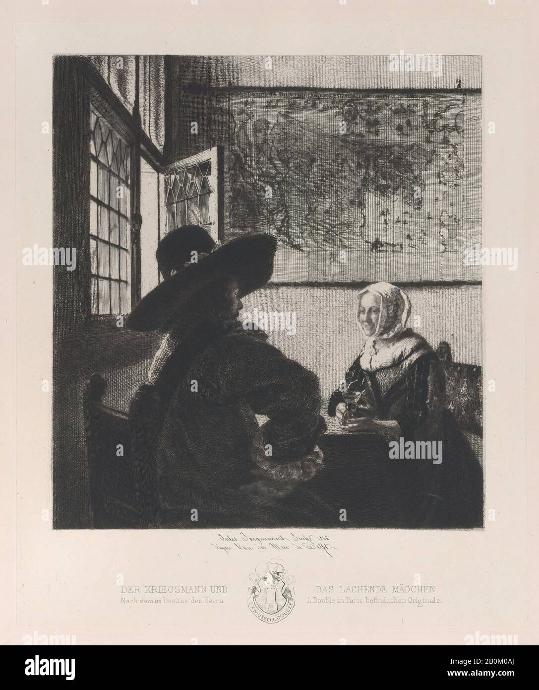Jules-Ferdinand Jacquemart, Offizier und Lachendes Mädchen, nach Vermeer, Jules-Ferdinand Jacquemart (Französisch, Paris 1837-1880 Paris), Nach Johannes Vermeer (Holländisch, Delft 1632-1675 Delft), 1666, Radierung, sechster Stand von sechs (Gonse), Blatt: 14 3/4 × 12 13/16 in. (37,5 × 32,5 cm), Platte: 9 1/4 × 7 7/8 Zoll (23,5 × 20 cm), Ausdrucke Stockfoto