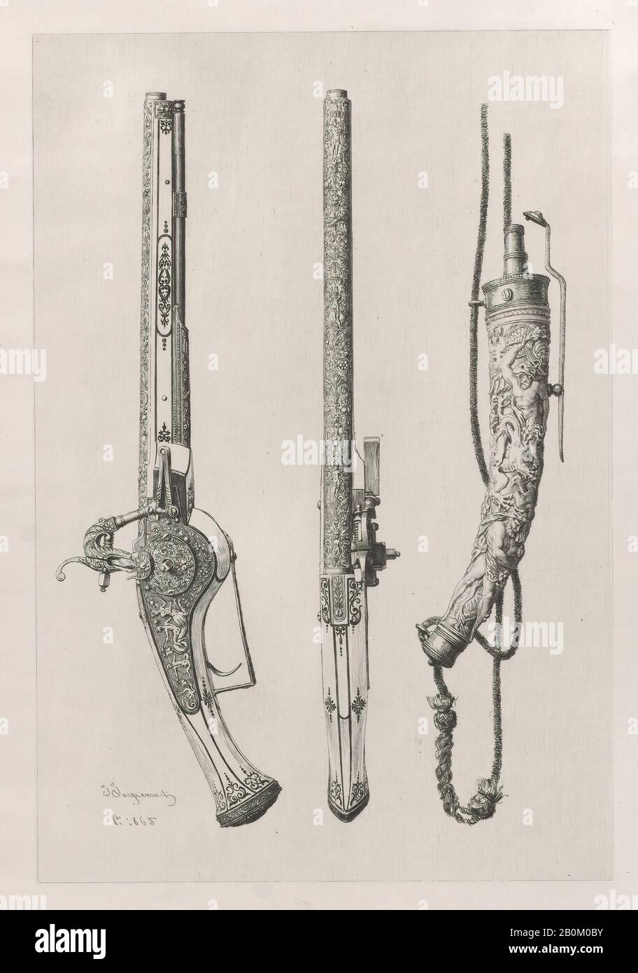 Jules-Ferdinand Jacquemart, Waffen des XVI. Jahrhunderts, Jules-Ferdinand Jacquemart (Französisch, Paris 1837-1880 Paris), 1865, Radierung, zweiter Dreierstaat (Gonse), Blatt: 17 5/16 × 12 1/8 Zoll. (44 × 30,8 cm), Platte: 11 5/8 × 8 1/16 Zoll (29,5 × 20,5 cm), Ausdrucke Stockfoto