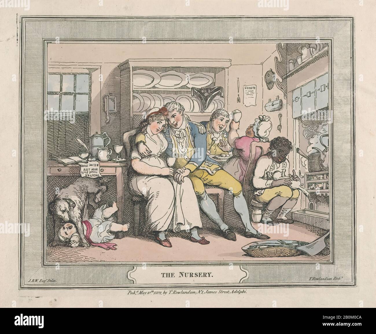 Thomas Rowlandson, The Nursery, Thomas Rowlandson (Britisch, London 1757-1827 London), 10. Mai 1802, Handfarbige Radierung, Blatt: 9 3/4 × 12 15/16 Zoll. (24,8 × 32,9 cm), Platte: 8 7/8 × 10 7/8 Zoll (22,5 × 27,6 cm), Ausdrucke Stockfoto