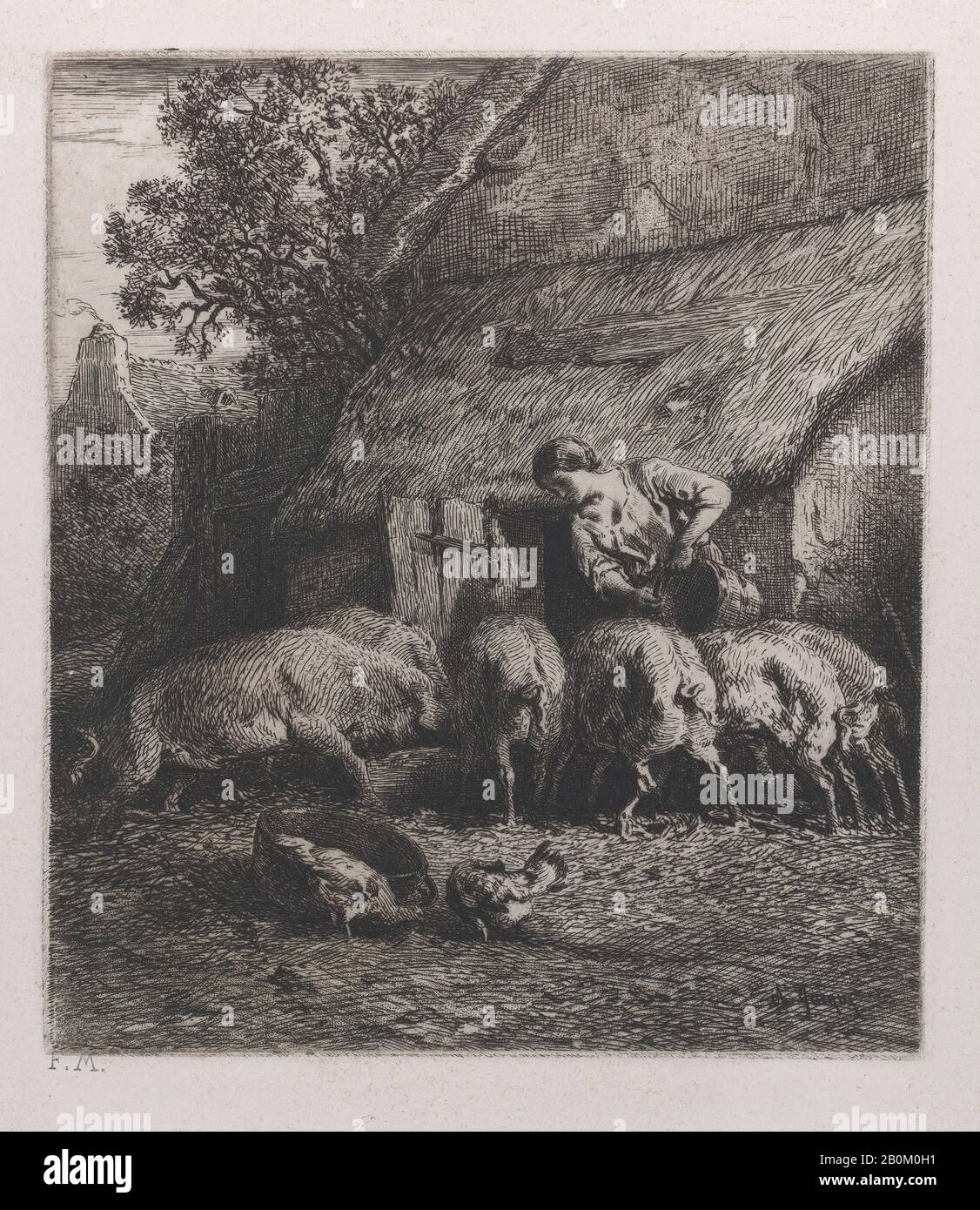Charles Jacque, Frau, Die Schweine Füttert, Charles Jacque (Französisch, Paris 18-1894 Paris), 1850, Radierung, Blatt: 11 15/16 × 9 7/16 Zoll. (30,3 × 24 cm), Platte: 6 1/2 × 5 11/16 Zoll (16,5 × 14,5 cm), Ausdrucke Stockfoto