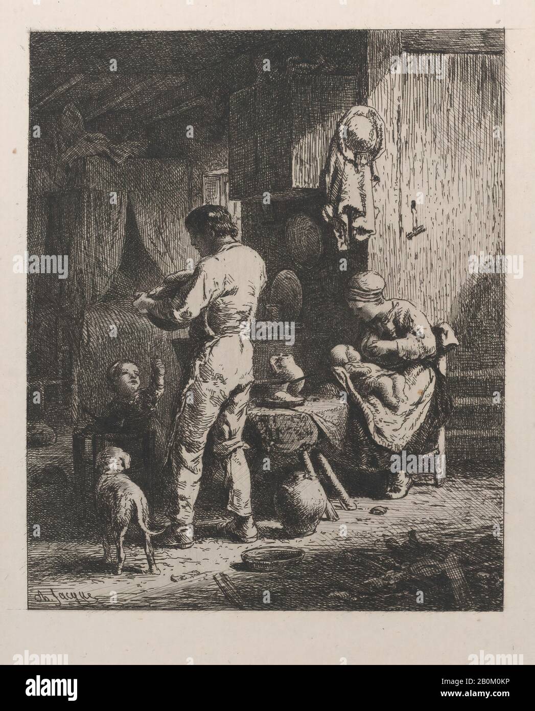 Charles Jacque, The Meal, Charles Jacque (Französisch, Paris 18-1894 Paris), 1864, Radierung, Blatt: 18 Zoll × 13 3/16 Zoll (45,8 × 33,5 cm), Platte: 6 5/16 × 4 15/16 Zoll (16 × 12,5 cm), Ausdrucke Stockfoto