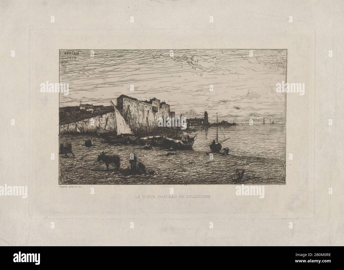 Adolphe Appian, Das Alte Schloss von Collioure, Adolphe Appian (Französisch, Lyon von 18-1898 Lyon), 1878, Radierung; erster Zustand von drei, Platte: 6 3/8 × 9 3/4 Zoll. (16,2 × 24,7 cm), Blatt: 8 3/4 × 12 1/8 Zoll (22,3 × 30,8 cm), Ausdrucke Stockfoto