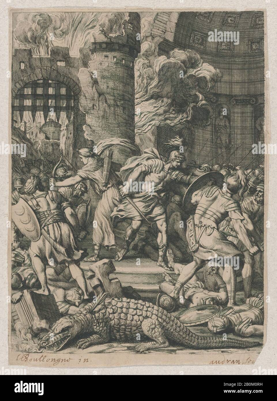 Audran, Battle in a Burning City, Audran (Französisch), La Boullogne, 168-6, Gravur und Radierung, Blech (getrimmt): 11 1/2 × 8 1/4 Zoll. (29,2 × 21 cm), Ausdrucke Stockfoto
