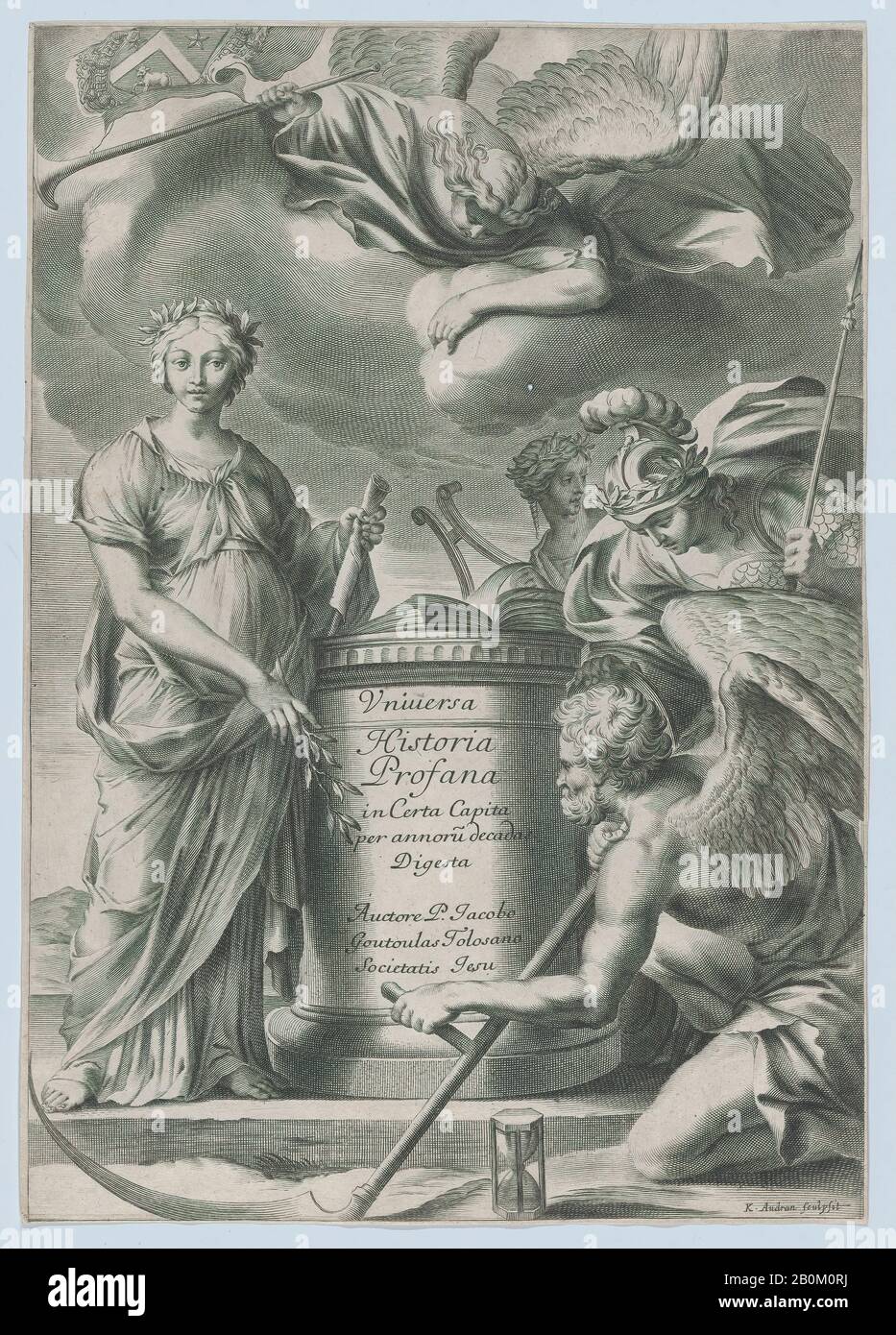 Charles Audran, Frontispiz für Vnuiersa Historia Profana, Charles Audran (Französisch, Paris 1594-1674 Paris), ca. 1630-70, Ätzung, Blech (getrimmt): 11 1/4 × 7 15/16 Zoll (28,6 × 20,2 cm), Ausdrucke Stockfoto