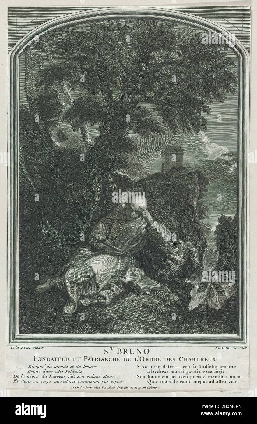 Jean Audran, St. Bruno (nach De la Fosse, Charles), Jean Audran (Französisch, Lyon 1667-176 Paris), Gravur und Radierung, Blatt (getrimmt): 13 3/4 × 8 3/4 Zoll (35 × 22,3 cm), Ausdrucke Stockfoto