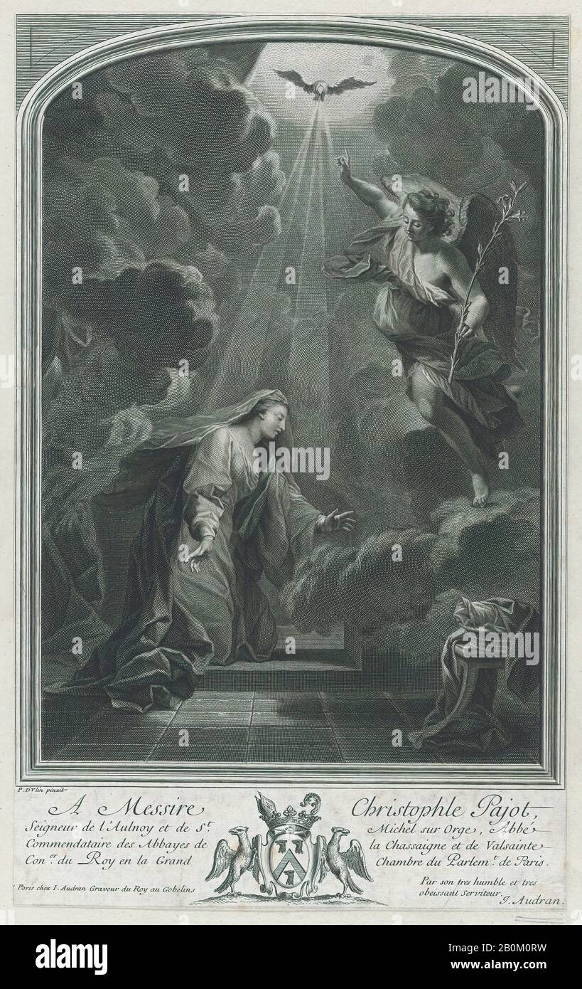 Jean Audran, Die Verkündigung (nach Pierre Dulin), Jean Audran (Französisch, Lyon 1667-176 Paris), 1700-56, Radierung, Blatt (getrimmt): 12 13 / 16 × 9 5/8 Zoll (32,6 × 24,5 cm), Ausdrucke Stockfoto