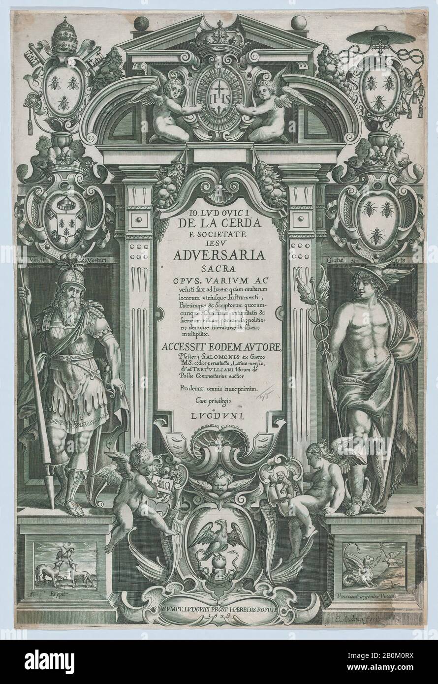 Charles Audran, Frontispiece für "Adversaria sacra", Charles Audran (Französisch, Paris 1594-1674 Paris), 1626, Radierung, Blatt (getrimmt): 13 3/16 × 8 3/4 Zoll. (33,5 × 22,2 cm), Ausdrucke Stockfoto