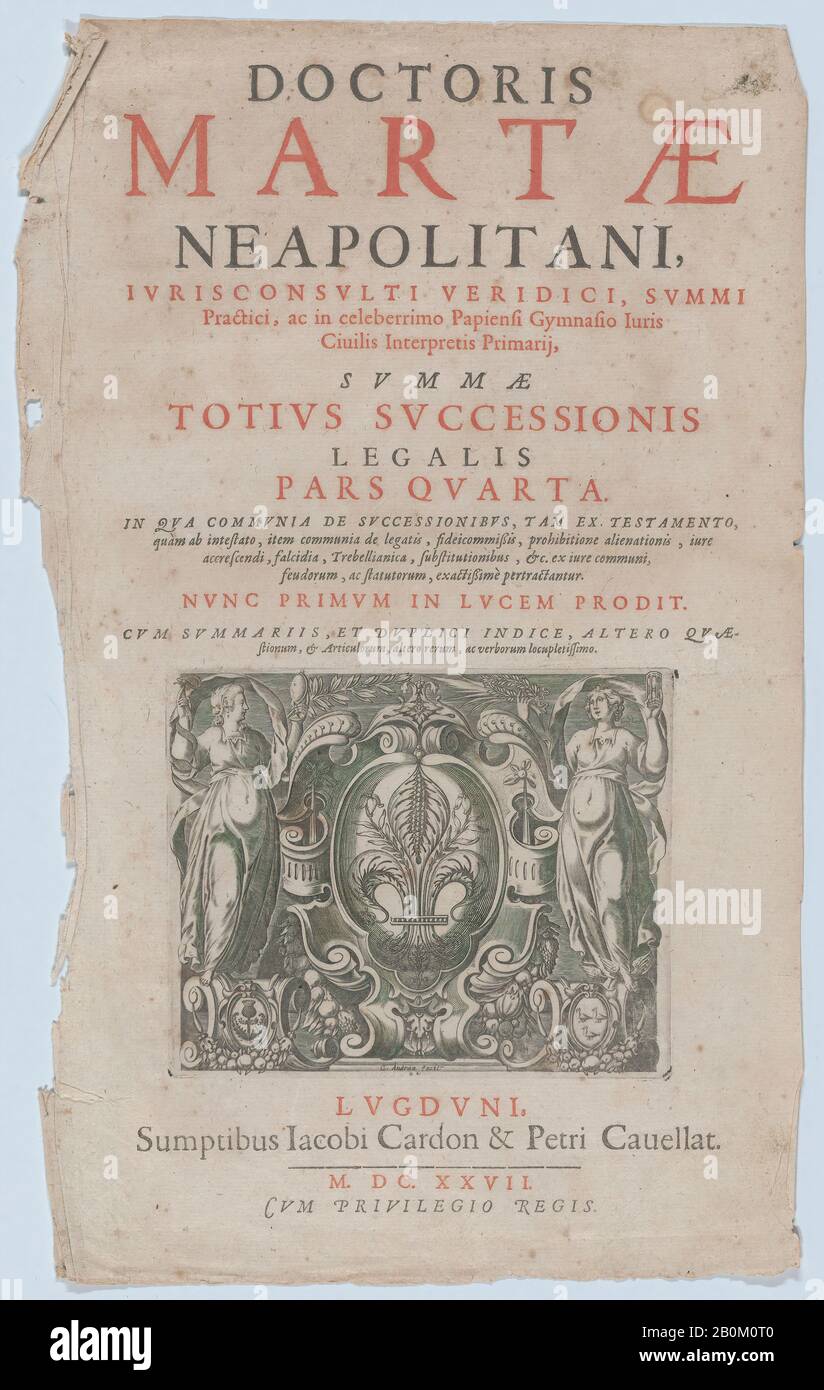 Charles Audran, Titelseite Vignette für 'Doctoris Martae Neapolitani', Charles Audran (Französisch, Paris 1594-1674 Paris), 1627, Radierung, Platte: 4 1/2 × 5 1/2 Zoll. (11,5 × 14 cm), Blatt: 13 11/16 × 8 1/4 Zoll (34,7 × 20,9 cm), Ausdrucke Stockfoto
