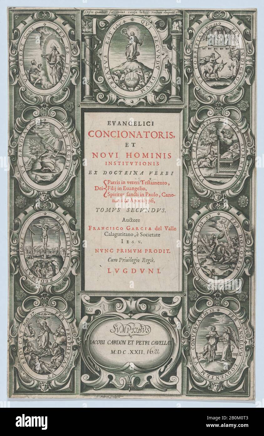 Charles Audran, Frontispiece für Evangelicus Concionatoris, et Novi Hominis Institutionis, Charles Audran (Französisch, Paris 1594-1674 Paris), 1622, Radierung, Blatt (getrimmt): 12 5/8 Zoll × 8 Zoll (32 × 20,3 cm), Ausdrucke Stockfoto