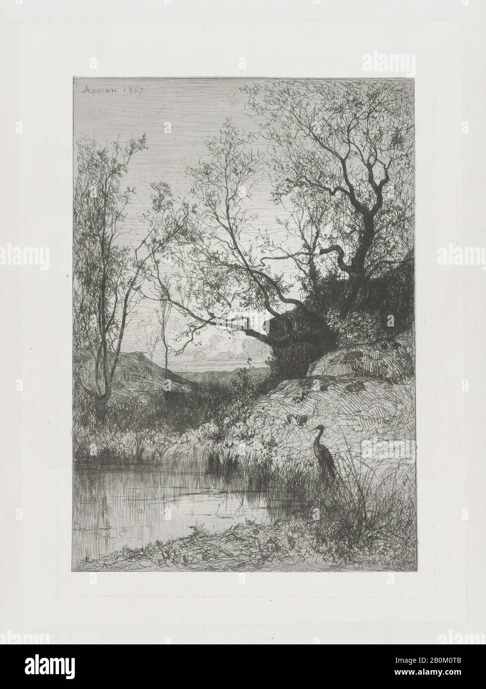 Adolphe Appian, A Pond, Adolphe Appian (Französisch, Lyon von 18-1898 Lyon), 1867, Radierung; erster Zustand von drei, Platte: 12 3/8 × 9 7/16 in. (31,5 × 24 cm), Blatt: 18 9/16 × 13 13/16 Zoll (47,1 × 35,1 cm), Ausdrucke Stockfoto