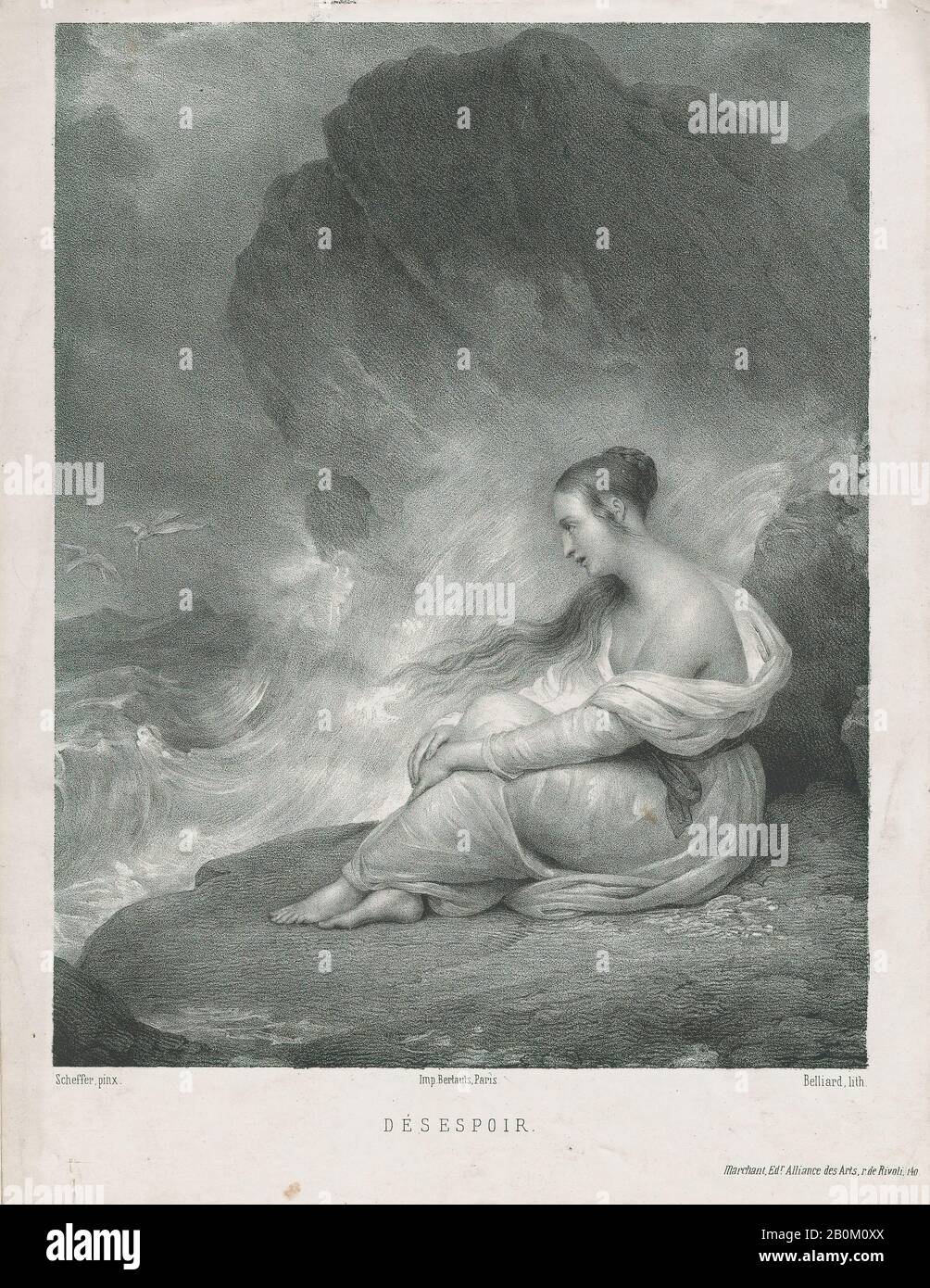 Zéphirin Belliard, Despair, Zéphirin Belliard (Französisch, 178/1861), Nach Ary Scheffer (Niederländisch, Dordrecht, 1797-1858 Argenteuil (Aktiv-Frankreich)), 183-58, Lithograph, Blatt: 12 25/16 × 9 9/16 Zoll. (32,5 × 24,3 cm), Bild: 10 1/8 × 12 7/8 Zoll (25,7 × 32,7 cm), Ausdrucke Stockfoto