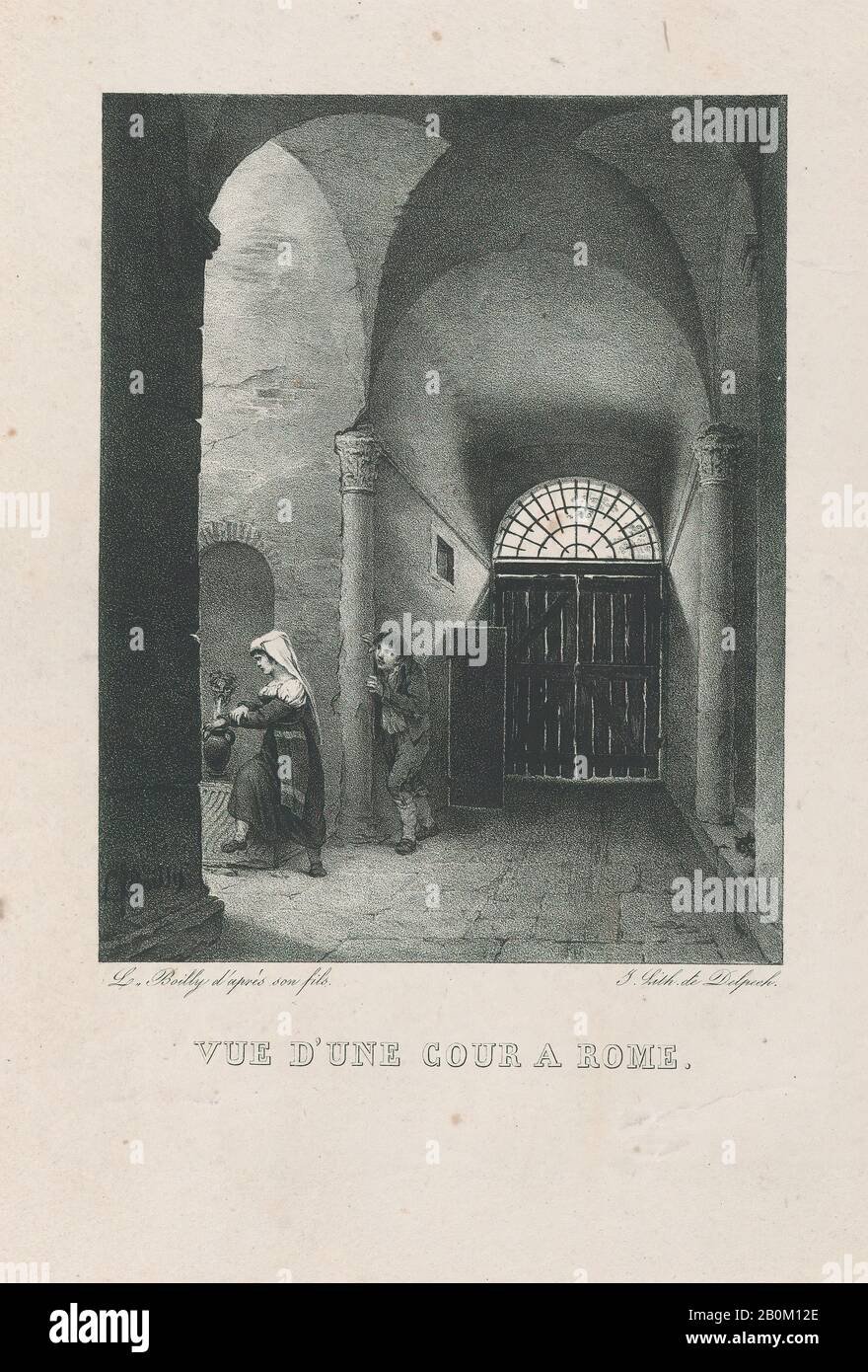 Louis Léopold Boilly, Blick auf einen Innenhof in Rom, Sammlung Von Skizzen, Die von Jules Boilly in Rom gezeichnet wurden, und Von Seinem Vater Lithographierte Bilder (Recueil de Croquis dessinés à Rome par Jules Boilly et lithographiés par son père), Louis Léopold Boilly (Französisch, La Bassée 1761-218 Paris), Nach July Boilly (Französisch, Paris 1796-1874 Paris), 1826, Lithographisch, Blatt: 12 3/8 x 8 3/4 Zoll (31,5 x 22,2 cm), Bild: 7 15/16 x 6 1/4 Zoll (20,1 x 15,8 cm), Ausdrucke Stockfoto