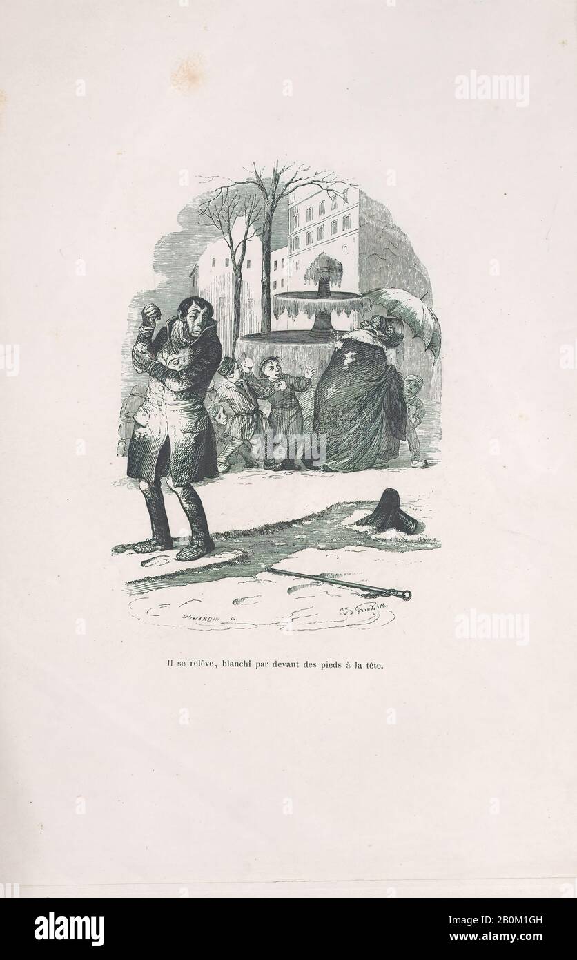 J. J. Grandville, "Er steht auf, bedeckt von Kopf bis Fuß im Schnee." aus den Kleinen Verfehlungen des menschlichen Lebens, Petites Misères de la Vie Humaine, J. J. Grandville (Französisch, Nancy von 163-1074Vanves), Paul-Émile-Daurand Forgues (Französisch, Paris von 18-1883 Cannes), Henri Fournier, 1973, Holzgravur, Blatt: 11 1/4 × 7 1/2 Zoll (28,5 × 19 cm), Ausdrucke Stockfoto