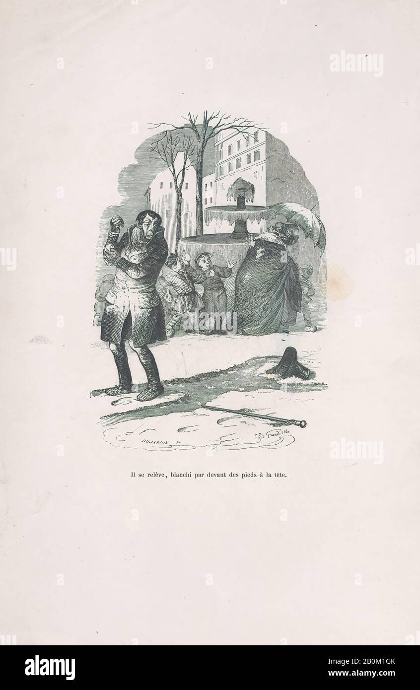 J. J. Grandville, "Er steht auf, bedeckt von Kopf bis Fuß im Schnee." aus den Kleinen Verfehlungen des menschlichen Lebens, Petites Misères de la Vie Humaine, J. J. Grandville (Französisch, Nancy von 163-1074Vanves), Paul-Émile-Daurand Forgues (Französisch, Paris von 18-1883 Cannes), Henri Fournier, 1973, Holzgravur, Blatt: 11 1/4 × 7 1/2 Zoll (28,5 × 19 cm), Ausdrucke Stockfoto