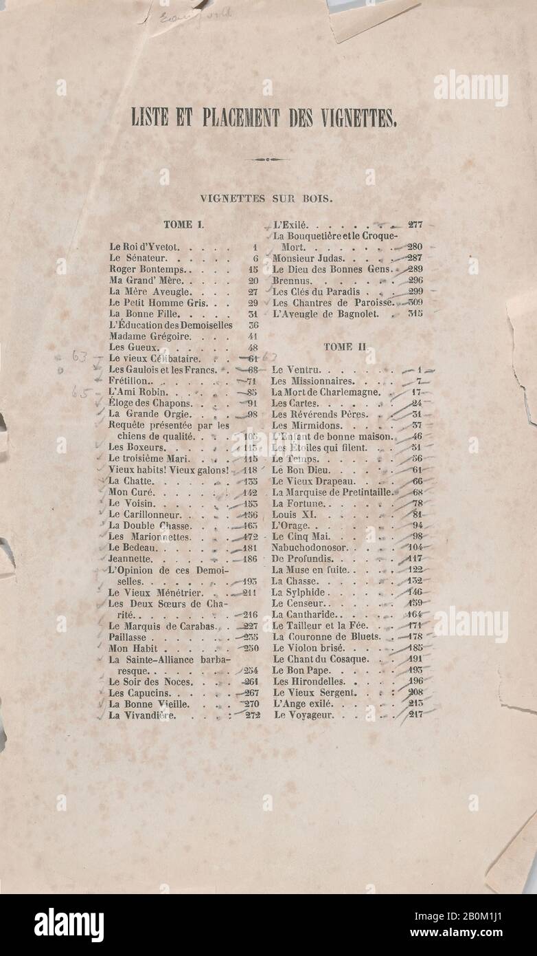 Pierre Jean de Béranger, Liste und Platzierung von Vignettes, für Die Gesamtwerke von Béranger, Oeuvres complètes de Béranger, Pierre Jean de Béranger (Französisch, Paris, 170-1857 Paris), 1838er, Briefpresse, Blatt: 8 5/8 × 5 7/16 Zoll. (21,9 × 13,8 cm), Ausdrucke Stockfoto