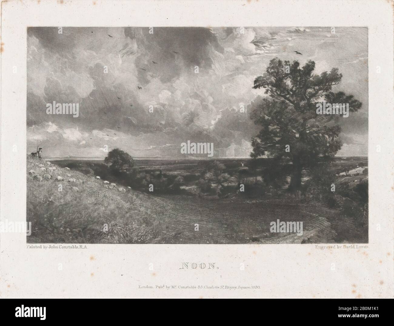 David Lucas, Noon, David Lucas (Britisch, Northamptonshire 1802-1881 London), Nach John Constable (Britisch, East Bergholt 1776-1837 Hampstead), 1830, Mezzotint; erster Bundesstaat von Six, Bild: 5 1/2 × 8 5/8 in. (14 × 21,9 cm), Platte: 7 1/2 × 9 15/16 Zoll (19,1 × 25,2 cm), Blatt: 11 1/2 × 17 1/8 Zoll (29,2 × 43,5 cm), Ausdrucke Stockfoto