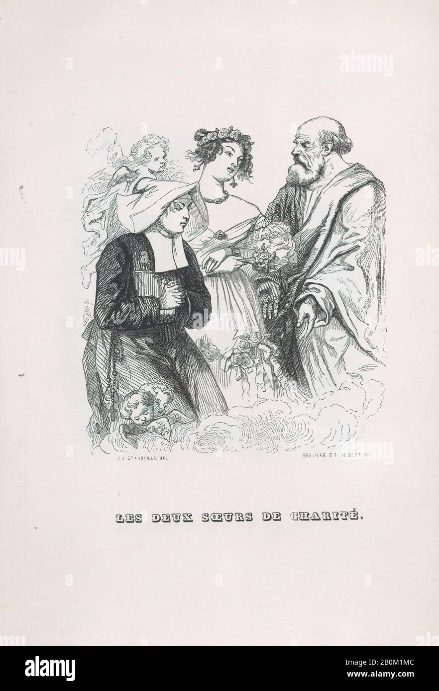 J. J. Grandville, 'The Two Sisters of Charity' aus Den Gesamtwerken von Béranger, Oeuvres complètes de Béranger, J. J. Grandville (Französisch, Nancy, Vávres von 160-1072Brevière), Louis-Henri   (Französisch, Forges-les-Eaux, 1790-1869 Hyers), César-August-Hébert (Französisch, aktives 19. Jahrhundert), Pierre Jean de Béranger, Paris (168218), Paris, 168219. 8 5/8 × 5 1/2 Zoll (21,9 × 14 cm), Ausdrucke Stockfoto