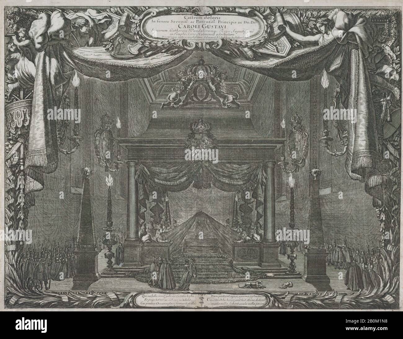 Jean Le Pautre, Katafalque von Karl X. Gustav, König von Schweden, in der Kapelle des Schlosses in Stockholm (Castrum doloris in Funere, Caroli Gustavi), von De rebus a Carolo Gustavo Sueciae rege gestis, De rebus a Carolo Gustavo Sueciae rege gestis, Jean Le Pautre 1682 (Französisch, Paris-1618, Paris) Nach Graf Erik Jönsson Dahlbergh (schwedisch, 1625-1703), Baron Samuel von Pufendorf (deutsch 1632-1694), 1696, Radierung; dritter Dreierstaat (Préaud), Blatt: 11 7/8 × 15 1/4 Zoll. (30,1 × 38,7 cm Stockfoto