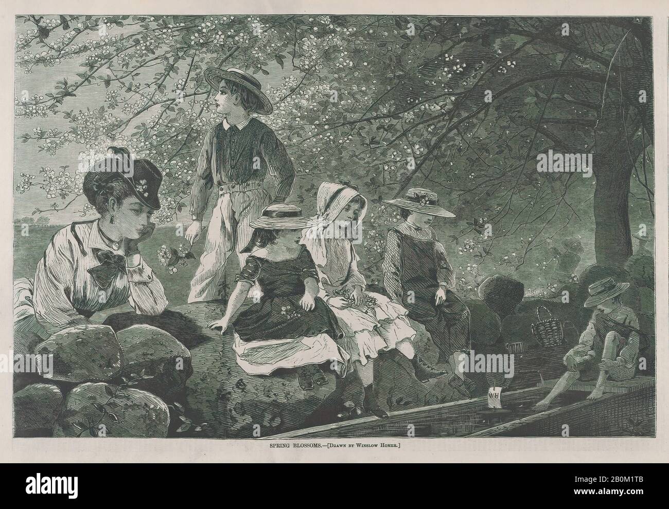 Nach Winslow Homer Blüht Spring Blossoms (Harper's Weekly, Vol. 14), Nach Winslow Homer (American, Boston, Massachusetts, 186-10 Prouts Neck, Maine), 12. Mai 1870, Holzgravur, Bild: 9 1/8 x 13 7/8 Zoll. (23,2 x 35,2 cm), Blatt: 10 11/16 x 15 15/16 Zoll (27,1 x 40,5 cm), Ausdrucke Stockfoto