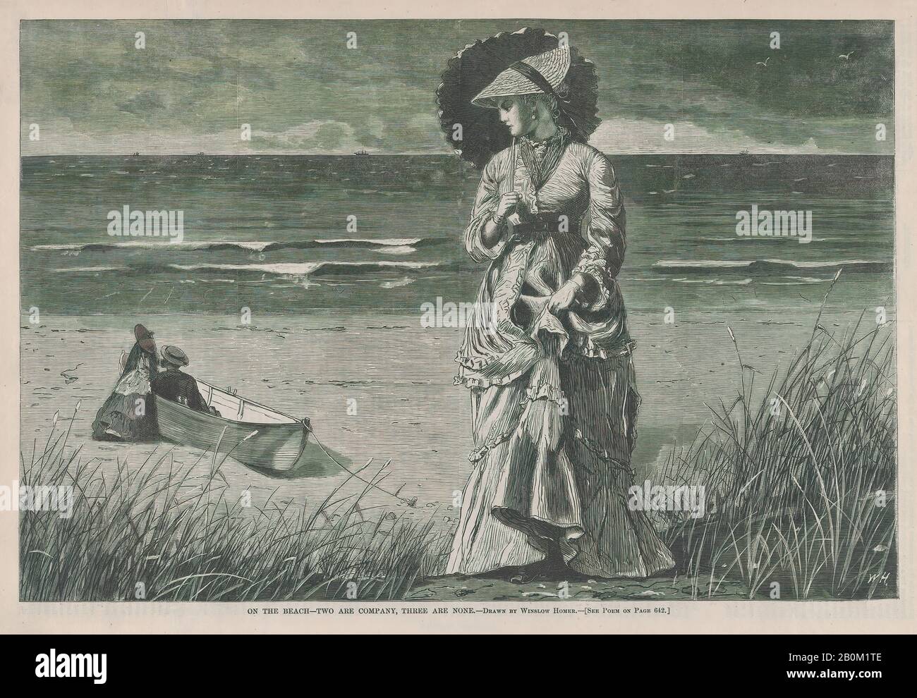 Nach Winslow Homer, On the Beach - Two are Company, Three are None (Harper's Weekly, Vol. XVI), Nach Winslow Homer (American, Boston, Massachusetts, 186-1910 Prouts Neck, Maine), 17. August 1872, Wood Gravur, Bild: 9 1/8 x 13 3/4 Zoll. (23,2 x 34,9 cm), Blatt: 10 3/4 x 15 13 / 16 Zoll (27,3 x 40,2 cm), Ausdrucke Stockfoto