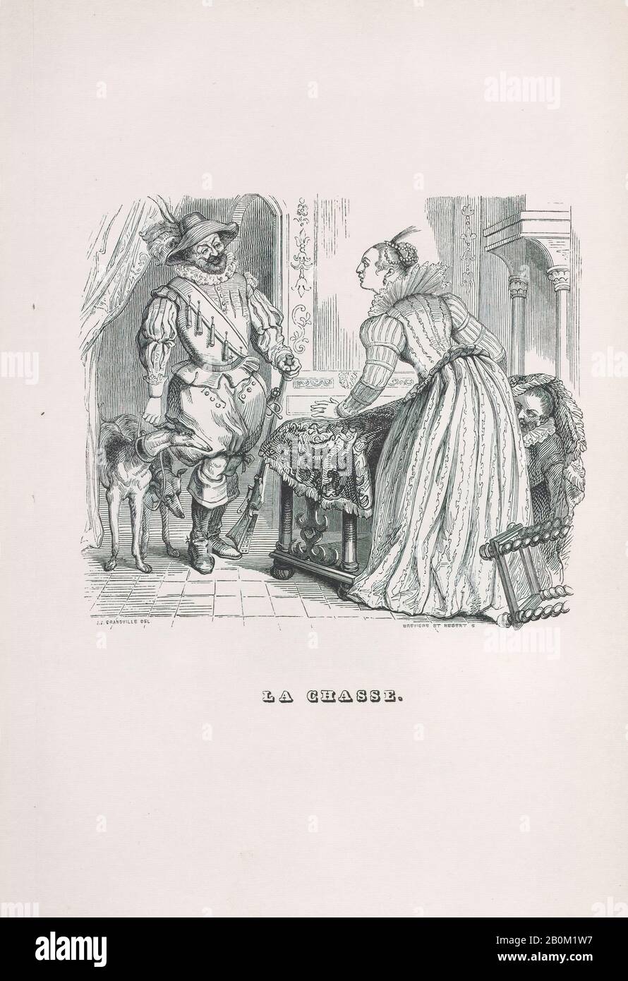 J. J. Grandville, 'The Hunt' aus Den Gesamtwerken von Béranger, Oeuvres complètes de Béranger, J. J. J. Grandville (Französisch, Nancy, 162-10737 Vanves), Louis-Henri Brevière (Französisch, Forges-les-Eaux, 1790-1869 Hyers), César-Auguste Hébert (Französisch, aktives 19. Jahrhundert), Pierre Jean de Béranger (Französisch, 168219.), Paris, 16219. 8 11/16 × 1/16 Zoll (22 × 0,2 cm), Ausdrucke Stockfoto