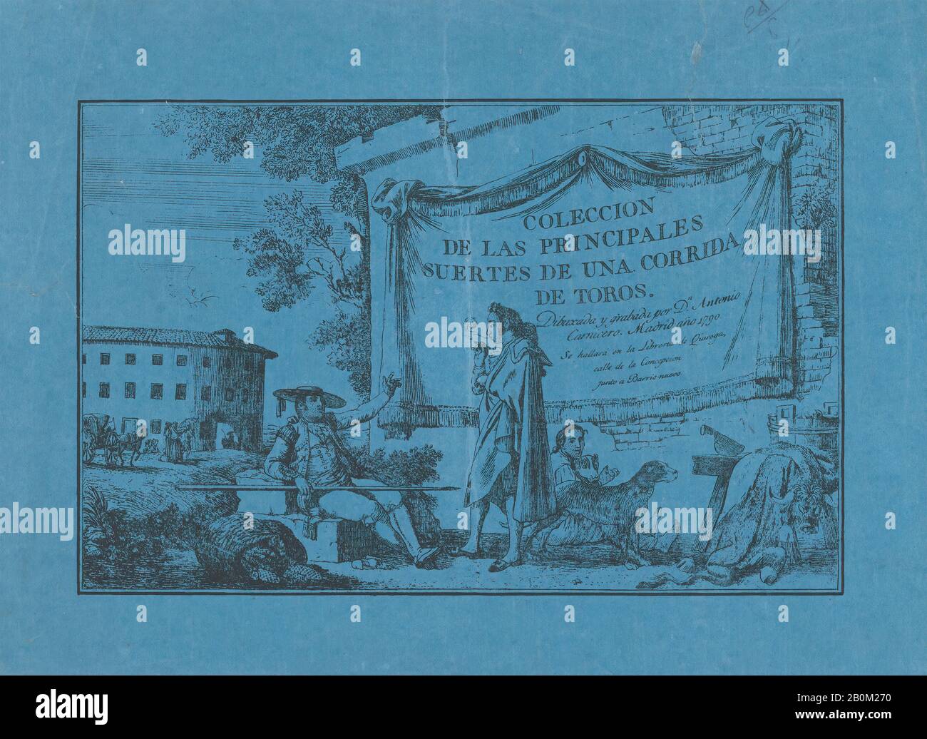 Antonio Carnicero, Titelseite zu den "Colección de la principales suertes de una corrida de toros", Antonio Carnicero (Spanisch, 1748-1814), um das Jahr 1748, um die Radierung auf blauem Papier, Blatt: 10 1/8 Zoll. × 14 Zoll (25,7 × 35,5 cm), Ausdrucke Stockfoto