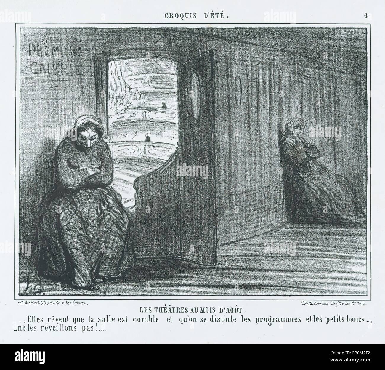 Honoré Daumier, Les Théâtres au Mois d'Août, aus Croquis d'Été, herausgegeben in Le Charivari, 21. August 1856, Croquis d'Été, Honoré Daumier (Französisch, Marseille, 158-1879 Valmondois), 21. August 1856, Lithograph; zweiter Bundesstaat von zwei (Delteil), Blatt: 10./13./16. × (27,5 × 35,8 cm), Bild: 7 3/4 × 10 1/8 Zoll (19,7 × 25,7 cm), Ausdrucke Stockfoto