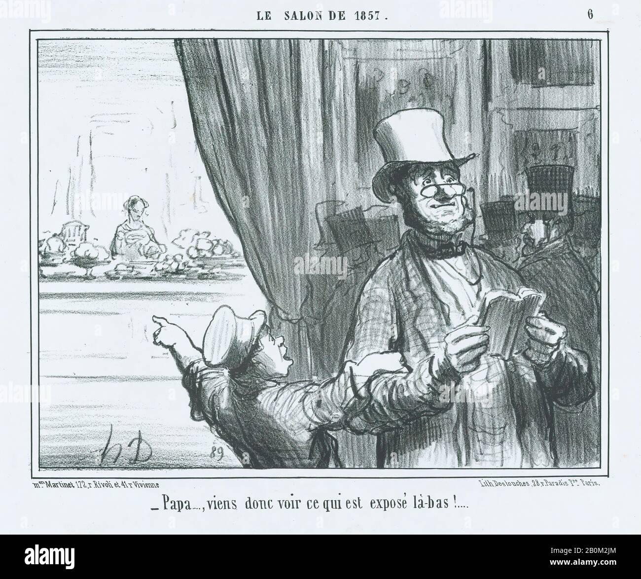 Honoré Daumier, Papa, viens donc voir ce qui est Exposé là-BAS!, .', aus Le Salon de 1857, herausgegeben in Le Charivari, 25. August 1857, Le Salon de 1857, Honoré Daumier (Französisch, Marseille 158-1879 Valmondois), 25. August 1857, Lithograph; zweiter Bundesstaat von zwei (Delteil., 8. ×, 8. (26 × 35,8 cm), Bild: 7 5/8 × 9 7/8 Zoll (19,3 × 25,1 cm), Ausdrucke Stockfoto
