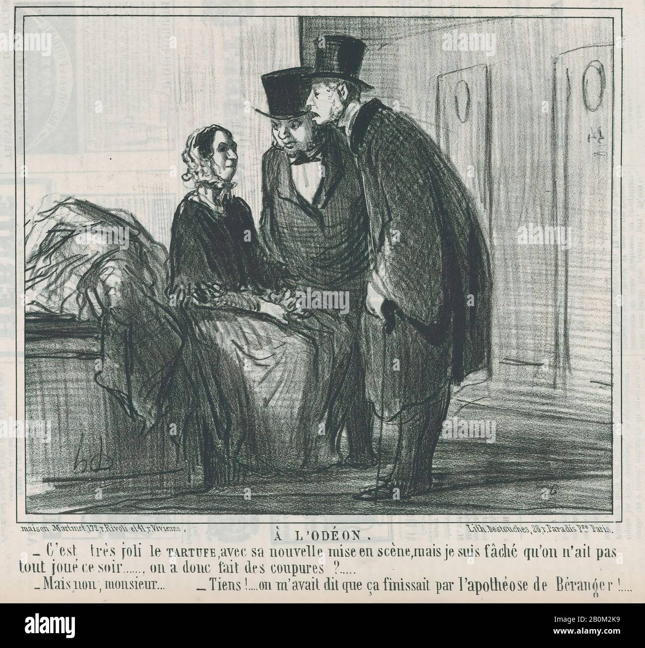 Honoré Daumier, À L'Odéon, aus Actualités, herausgegeben in Le Charivari, 17. November 1857, Actualités, Honoré Daumier (Französisch, Marseille, 1808-1879 Valmondois), 17. November 1857, Lithograph on newsprint; zweiter Bundesstaat von zwei (Delteil), Blatt: 9 7/8 × 9/16. (25,1 × 34,5 cm), Bild: 8 Zoll × 9 7/16 Zoll (20,3 × 23,9 cm), Ausdrucke Stockfoto