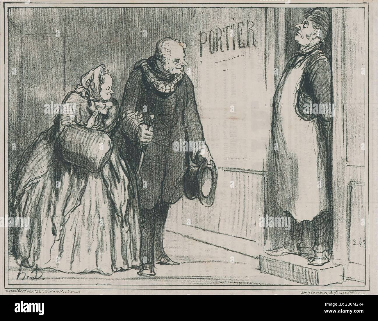 Honoré Daumier, Monsieur le Concierge, allant en soirée avec mon épouse, aus Les Portiers de Paris, herausgegeben in Le Charivari, 30. November 1858, Les Portiers de Paris, Honoré Daumier (Französisch, Marseille, 150-1879 Valmondois), 30. November 1858, Lithograph on newsprint; zweiter Bundesstaat von Delteil (Blatt): 9 7/8 × 13 3/8 Zoll (25,1 × 34 cm), Bild: 8 9/16 × 10 15/16 Zoll (21,7 × 27,8 cm), Ausdrucke Stockfoto