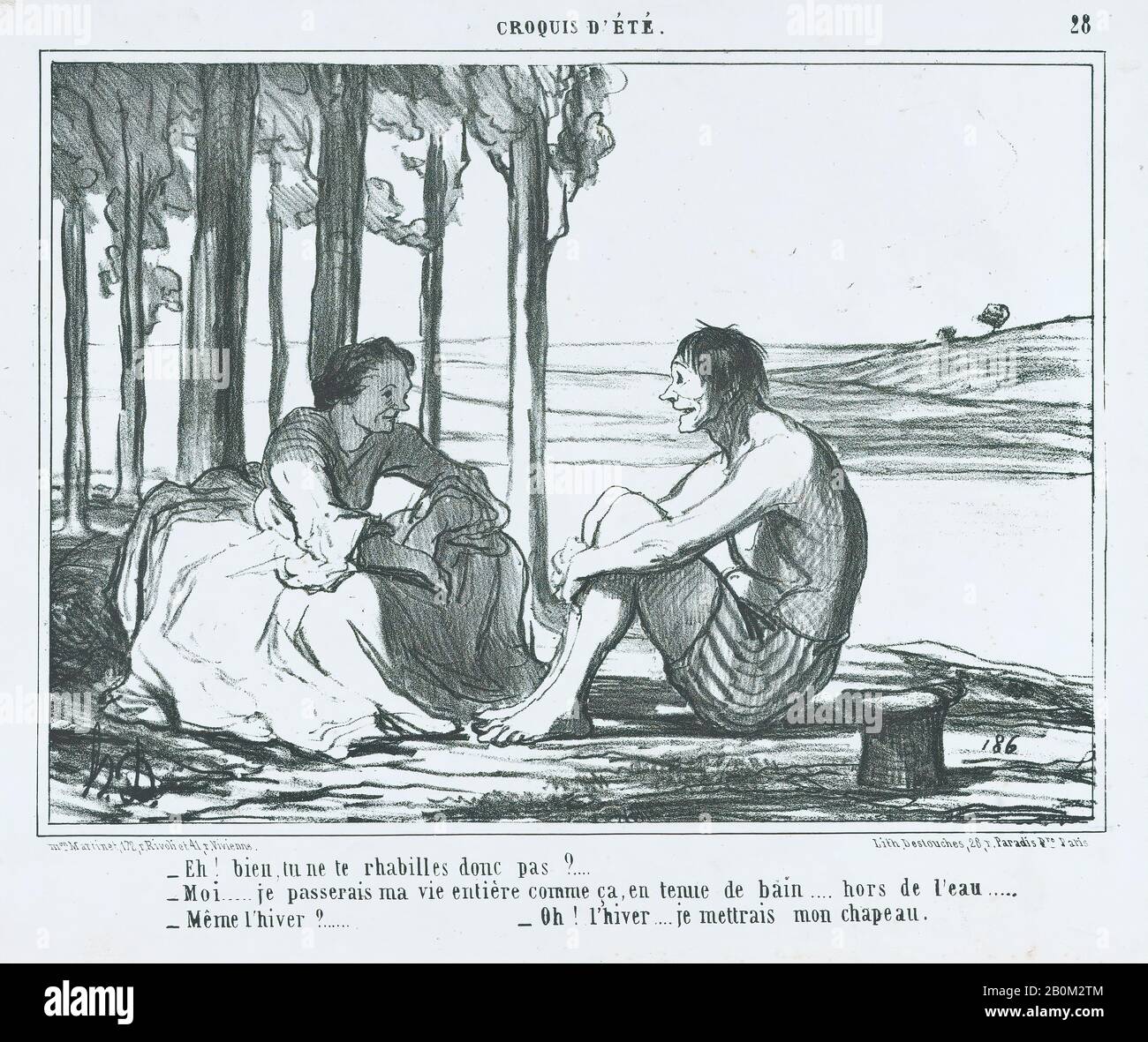 Honoré Daumier, Eh! Bien, tu ne te rhabilles donc pas?, from Croquis d'Été, published in Le Charivari, 26. Juni 1858, Croquis d'Été, Honoré Daumier (französisch, Marseille von 1803-1879 Valmondois), 26. Juni 1858, Lithograph; zweiter Bundesstaat von zwei (Delteil), Blatt: 10 1/2 × 3/16. (26,7 × 36 cm), Bild: 8 1/8 × 10 1/8 Zoll (20,7 × 25,7 cm), Ausdrucke Stockfoto