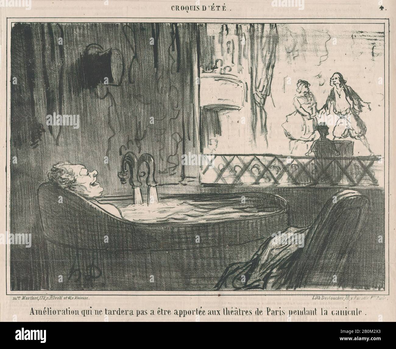 Honoré Daumier, Amélioration qui ne tardera pas a être apportée aux théâtres de Paris Pendant la Canicule., aus Croquis d'Été, veröffentlicht in Le Charivari, 16. Bis 17. August 1859, Croquis d'Été, Honoré Daumier (Französisch, Marseille, 1808-1879 Valmondois), 16. Bis 17. August 1859, Dellithoil (zweites Bild), Deltegil (zweites Bild) 8 1/2 × 10 3/4 Zoll (21,6 × 27,3 cm), Blatt: 11 13 / 16 × 11 1/2 Zoll (30 × 29,2 cm), Ausdrucke Stockfoto
