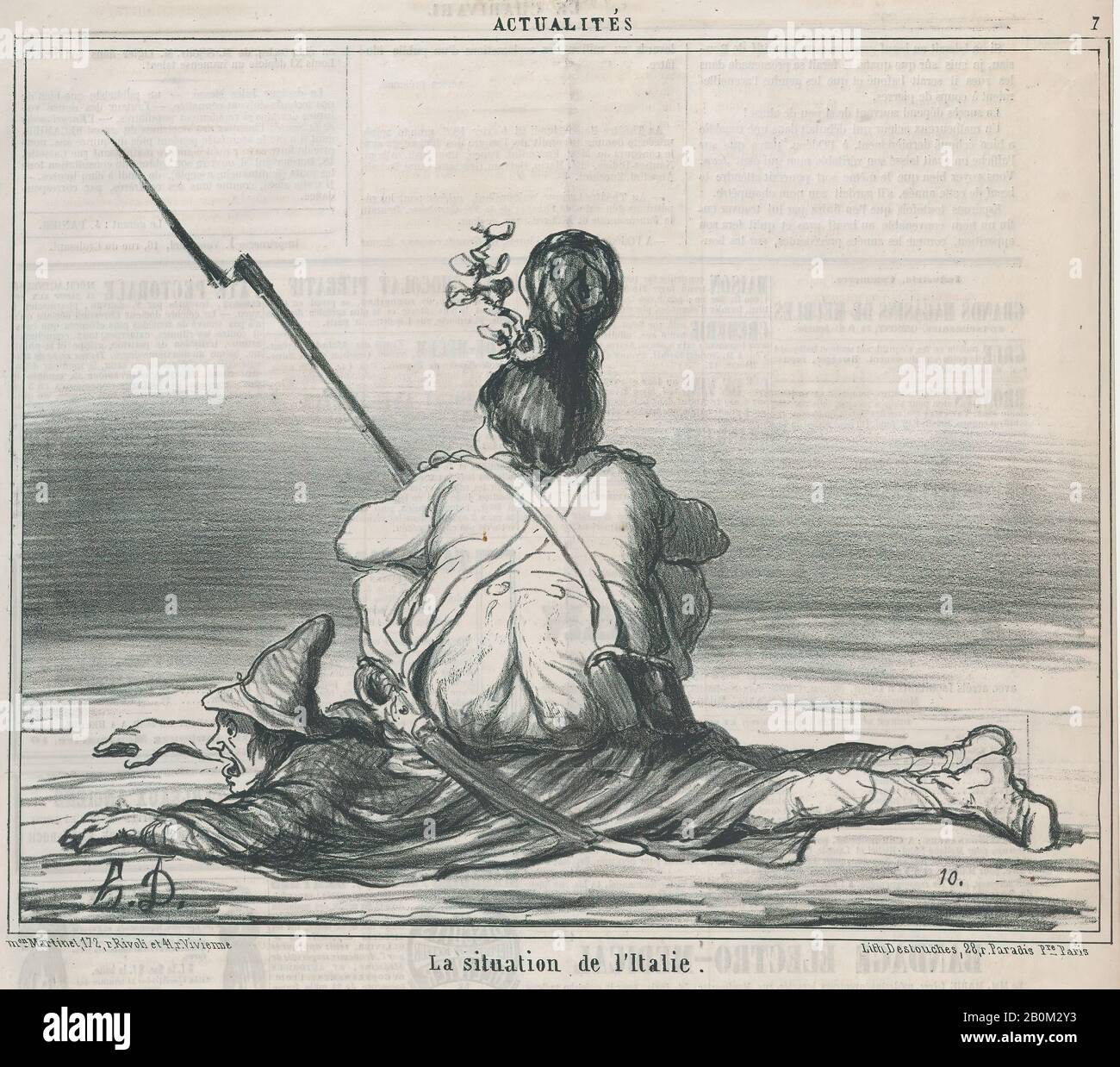 Honoré Daumier, La Situation de l'Italie, aus Actualités, herausgegeben in Le Charivari, 21. Februar 1859, Actualités, Honoré Daumier (Französisch, Marseille, 1801-1879 Valmondois), 21. Februar 1859, Lithograph on newsprint; zweiter Dreierstaat (Hazard & Delteil), Bild: 9 1/4 im 16 ×. (23,3 × 28,6 cm), Blatt (gefaltet): 14 1/4 × 11 1/2 Zoll (36,2 × 29,2 cm), Ausdrucke Stockfoto