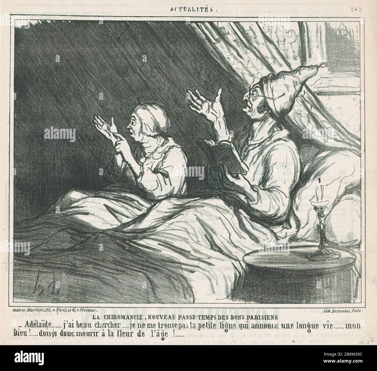 Honoré Daumier, Palmistry, neuer Pariser Zeitvertreib, von "News of the Day", veröffentlicht in Le Charivari, 1. Februar 1860, "News of the Day" (Actualités), Honoré Daumier (Französisch, Marseille von 158-1879 Valmondois), 1. Februar 1860, Lithograph on newsprint; zweiter Bundesstaat von drei (Bild 16: ×). (21,5 × 26,5 cm), Blatt: 11 9/16 × 11 9/16 Zoll (29,3 × 29,4 cm), Ausdrucke Stockfoto