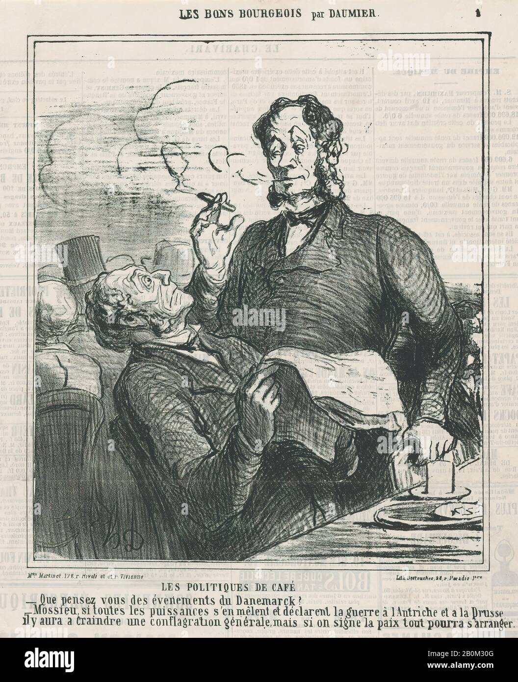 Honoré Daumier, Kaffeehaus-Politik, von "The Good Bourgeois", veröffentlicht in Le Charivari, 21. April 1864, "The Good Bourgeois" (Les Bons Bourgeois), Honoré Daumier (Französisch, Marseille, 158-1879 Valmondois), 21. April 1864, Lithographisch auf Zeitungspapier; dritter Dreierstaat (Delteil), Bild: 1/9 im 8 × 8. (23,8 × 20,5 cm), Blatt: 11 13 / 16 × 10 9/16 Zoll (30 × 26,9 cm), Ausdrucke Stockfoto