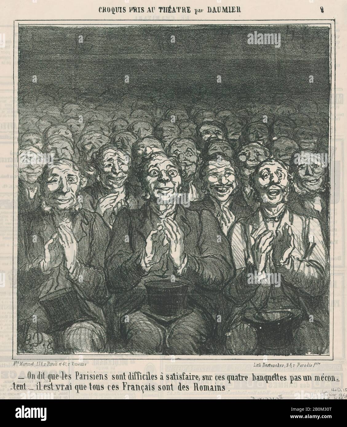 Honoré Daumier, Der sagt, dass die Pariser nie zufrieden sind!, aus "Theater-Skizzen", veröffentlicht in Le Charivari, 13. Februar 1864, "Theater-Skizzen" (Croquis pris au théatre), Honoré Daumier (Französisch, Marseille 1808-1879 Valmondois), 13. Februar 1864, Lithograph über Zeitungspapier; zweiter Stand: 15./9. ×, 16. (24 × 22,7 cm), Blatt: 11 5/8 × 10 5/8 Zoll (29,5 × 27 cm), Ausdrucke Stockfoto